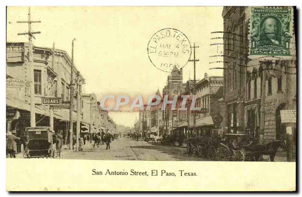 San Antonio Street, El Paso, Texas — belebte Straßenszene mit Fahrzeugen und Gebäuden — Verlag nicht sichtbar - Vorderseite
