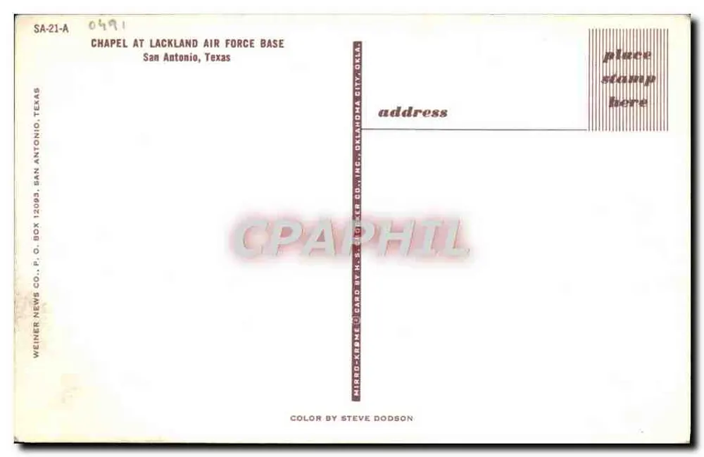 Kapelle — Lackland Air Force Base — Weiner-Krane Co. n° SA-21-A - Rückseite