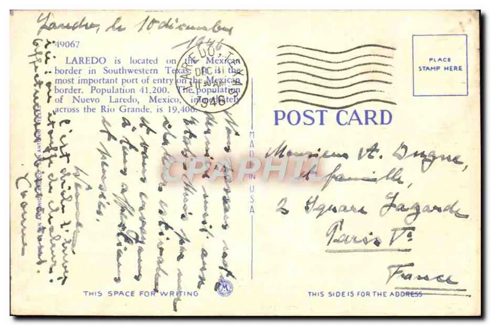 Ansicht von Laredo, Texas, und Nuevo (New) Laredo, Mexiko — Nr. 109 - Rückseite