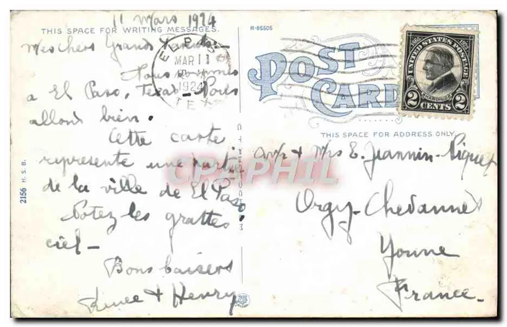 El Paso, Texas — Wandelnder Himmel — Verlag H.S. B. Nr. 2156 - Rückseite