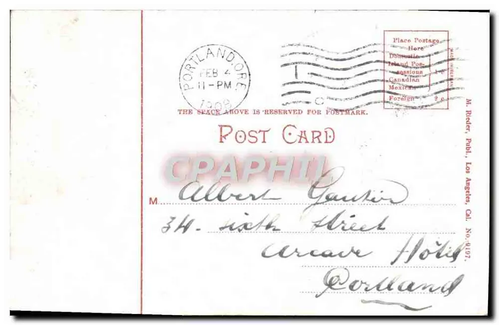 Thompson Fountain und County Court House, Portland, Ore. — M. Ridder, Verlag, Los Angeles, Cal. Nr. 9197 - Rückseite