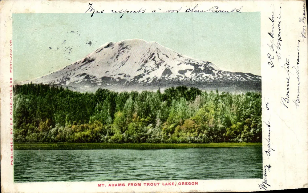 Widok na Mount Adams z jeziora Trout, Oregon — Wydawca E.P. Charlton & Co, Portland, OR - Awers