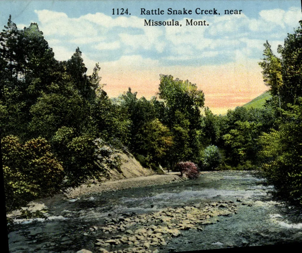 Rattle Snake Creek, near Missoula, Mont. — Ansichtskarte Nr. 1124 — Spokane Co. Robbinton & Co. - Vorderseite