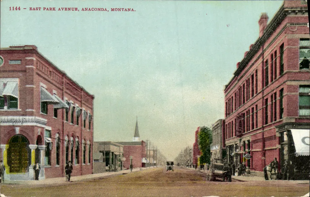 East Park Avenue, Anaconda, Montana — Straßenszene mit Ziegelgebäuden — Verlag Edward H. Mitchell, San Francisco, Nr. 1144 - Vorderseite