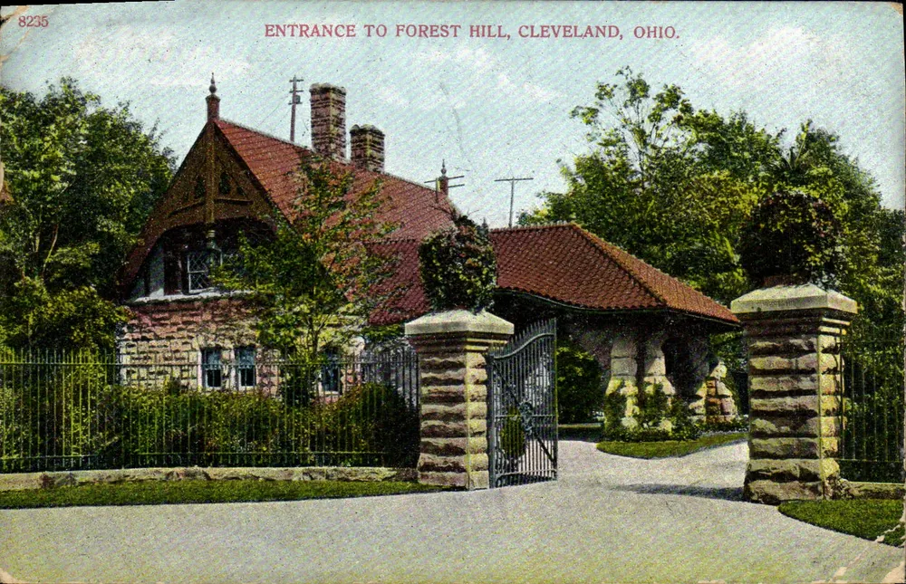 Eingang zum Forest Hill, Cleveland, Ohio — Steinhaus mit Eisenzaun, Verlag A. C. Bonselman & Co. New York, n° 8235 - Vorderseite