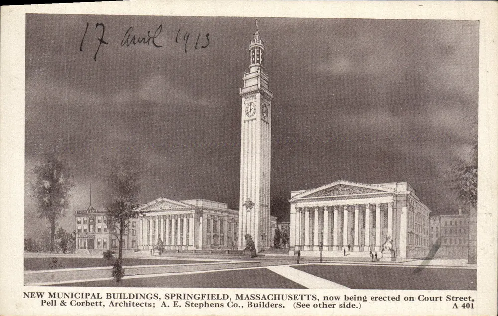 Neue Gemeindegebäude, Springfield, Massachusetts — Architektonische Zeichnung — Verleger Geo. S. Graves, Nr. A 401 - Vorderseite