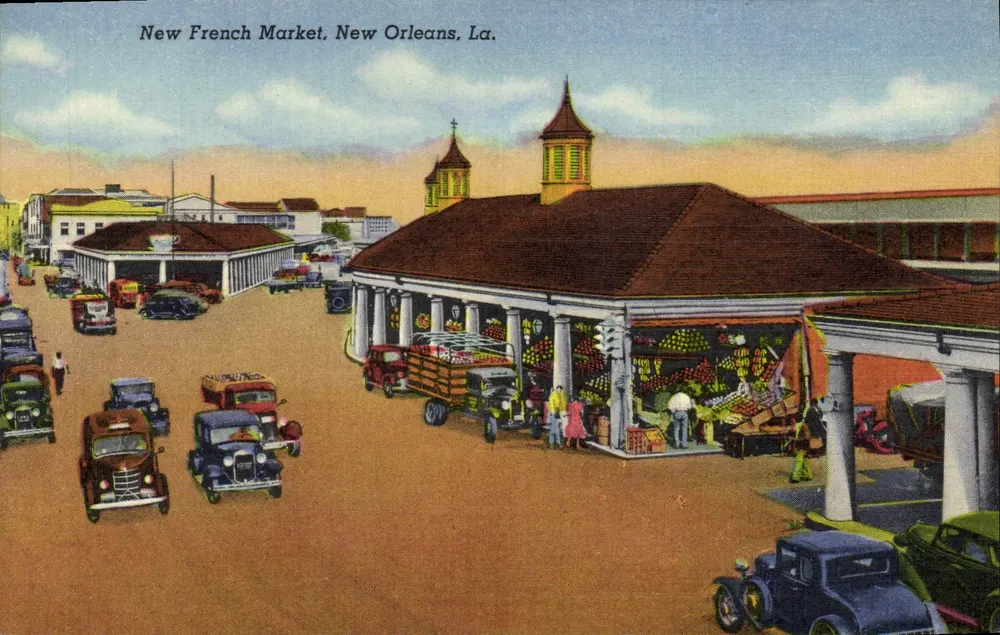 Neuer französischer Markt, New Orleans, La. — überdachter Markt mit historischen Fahrzeugen — Verlag Curteich Chicago, Nr. 29 - Vorderseite