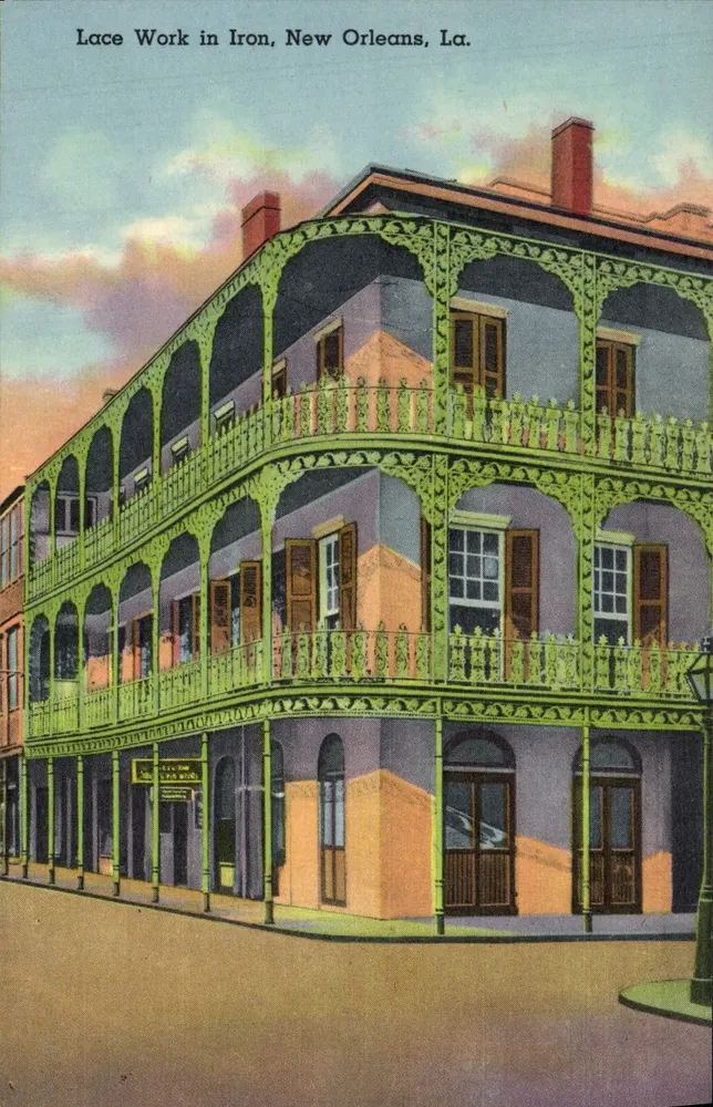 Trabalho de renda em ferro, Nova Orleans, La. — Cor. Royal e St. Peter — Post Card Specialties, Chicago - Frente
