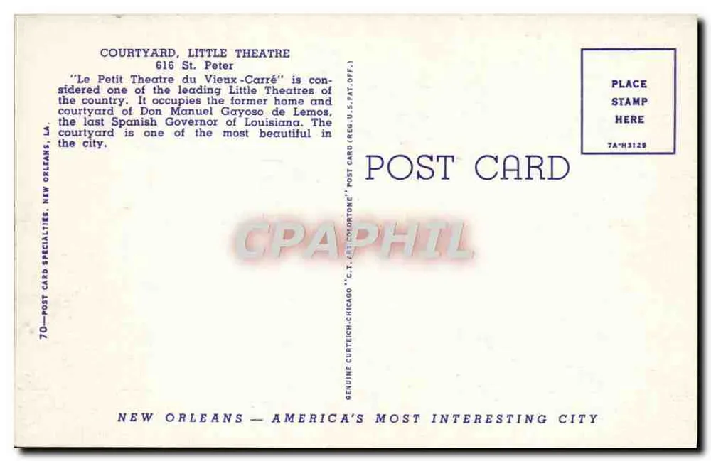정원, 작은 극장 — 뉴올리언스, LA — Post Card Specialties, Chicago - 뒷면