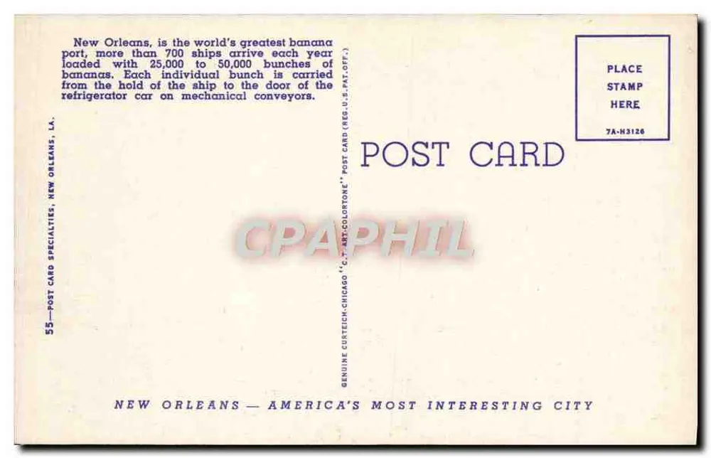 Descarregamento de bananas em New Orleans, LA — editor Curteich Chicago, n° 7A-H3126 - Verso