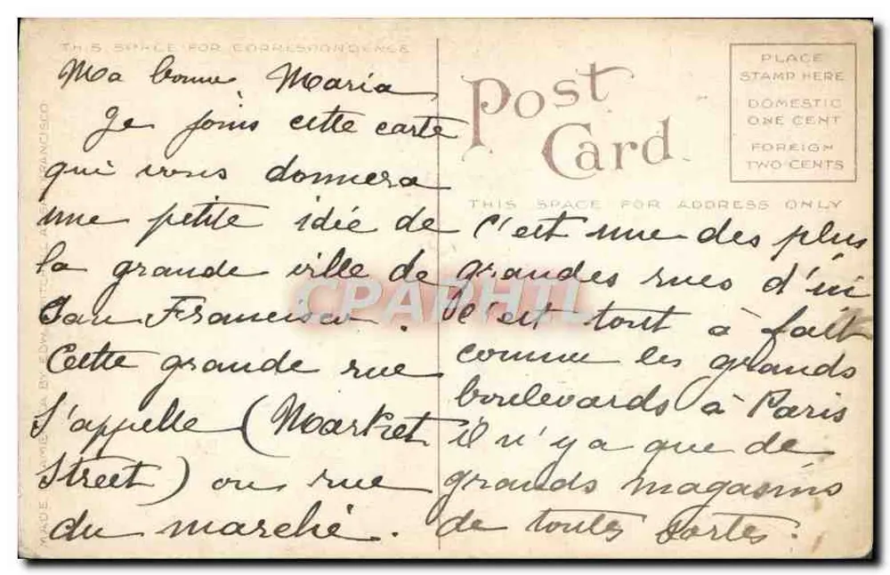 Market Street near Third — belebte städtische Ansicht — Verlag: San Francisco by E.D. M. (gedruckt auf der Karte) - Rückseite