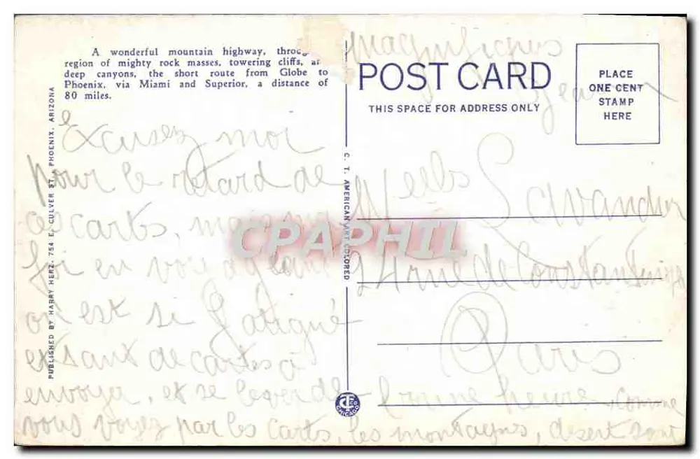 Strada sulla Globe-Superior Highway, Arizona — 192 — editore C.T. American, n° 115035 - Verso