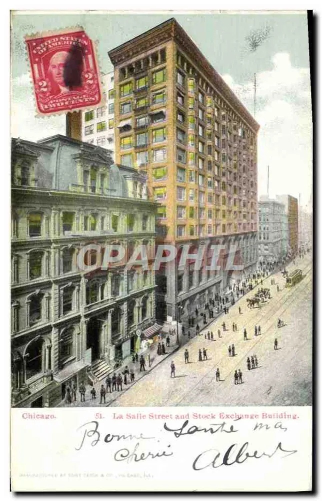 Chicago — St. La Salle Street und Stock Exchange Building — hergestellt von Curt Teich & Co., Chicago, IL - Vorderseite