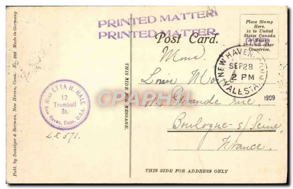 York Street, New Haven, Conn. — vista urbana com bondinho — editor Danziger & Bernson, n° 288 - Verso