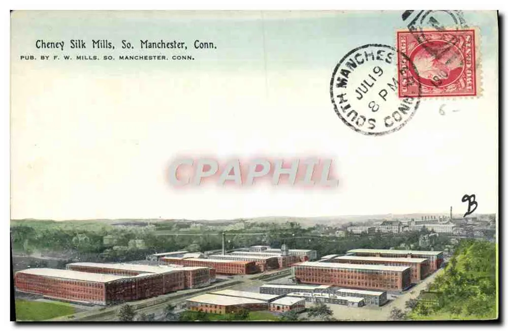 Cheney Silk Mills, Południowy Manchester, Conn. — widok z lotu ptaka fabryk — wyd. F.W. Mills, Południowy Manchester, Conn. - Awers