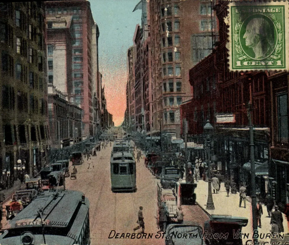 Dearborn St. North from Van Buren — Chicago — Pub. by The Acmograph Co. - Front