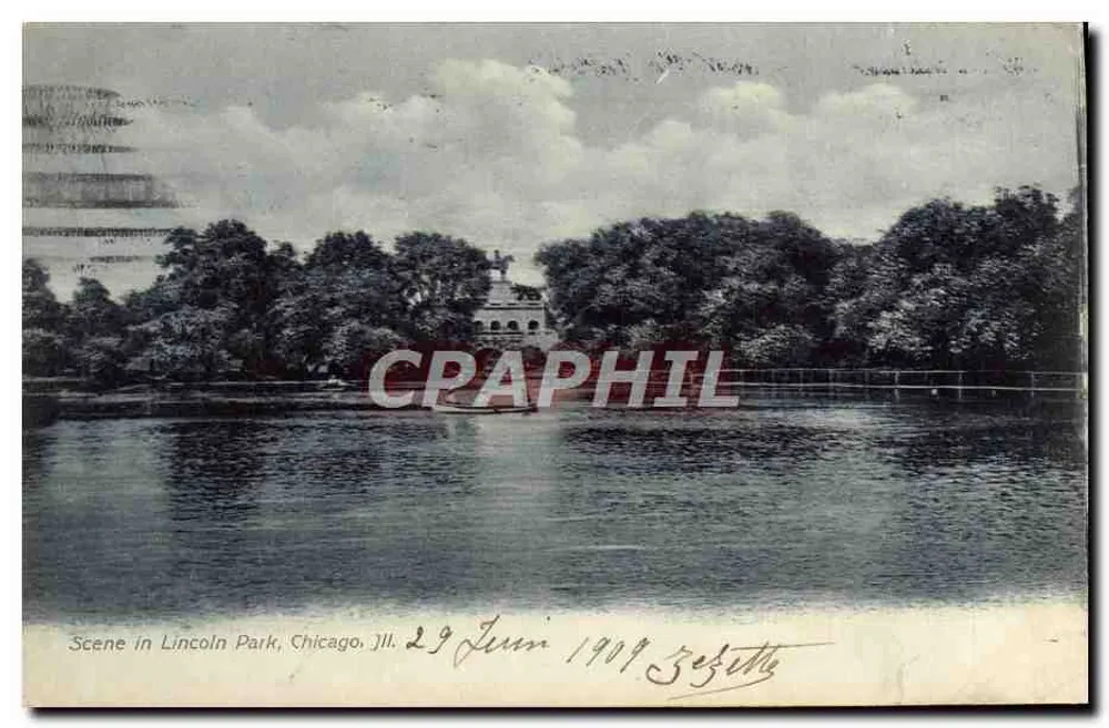 Scène dans Lincoln Park — lac avec embarcation et bâtiment au fond — éditeur P. Schmidt & Co. Chicago (Ill.) - Frente