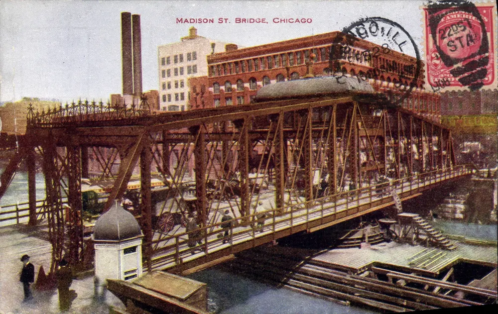 Madison St. Bridge, Chicago — pont métallique sur le fleuve avec bâtiments industriels — éditeur V. O. Hammon Publishing Co. n° 687 - Frente