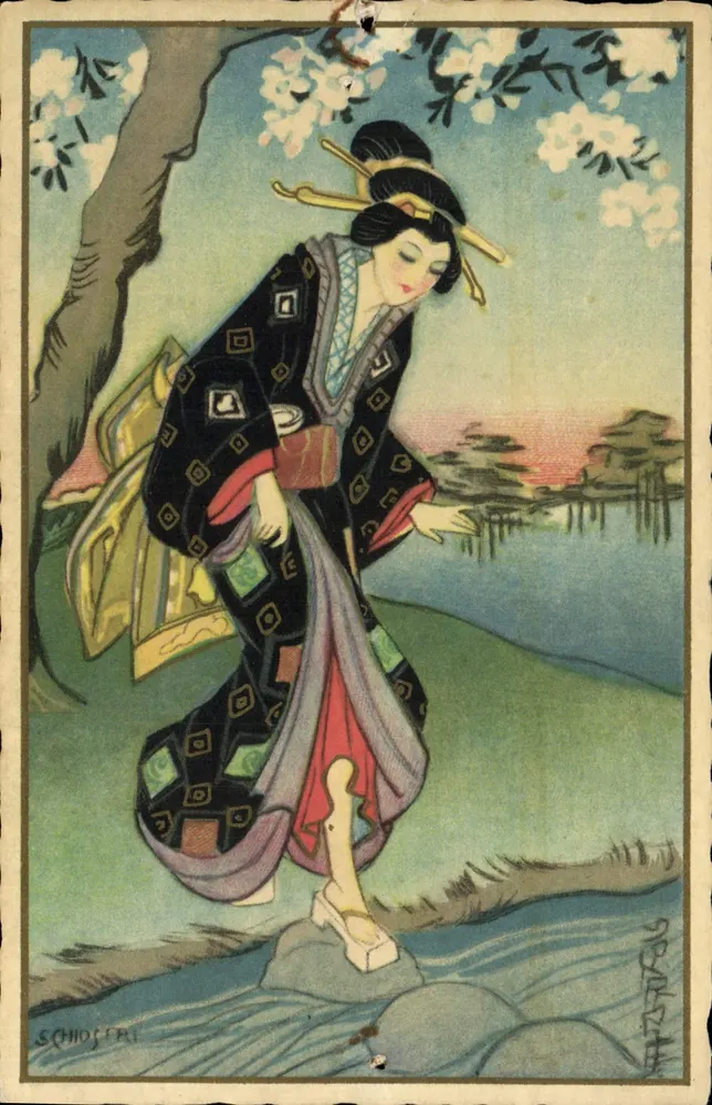 Jeune femme en kimono — sous un cerisier en fleurs — éditeur SCHIOSCHI - Frente