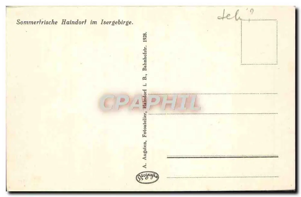 Haindorf im Isergebirge — Sommerfrische — A. Augsten, Fotoateliers, 1928 - Verso