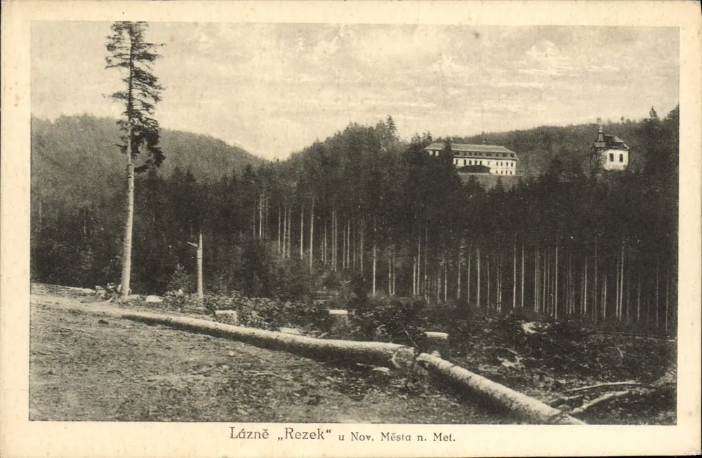 Lázně „Rezek“ u Nov. Města n. Met. — vue des bains et du château dans la forêt — n° 4009 - Recto