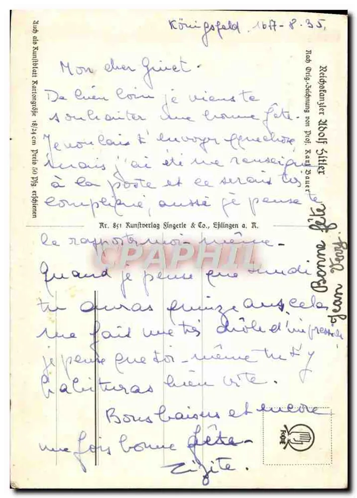 अडॉल्फ हिटलर का चित्र — क्रेयॉन द्वारा चित्रित — प्रकाशक ए. 851 कुंस्टड्रुक-वर्लैग सिंगरले & को., एहलिंगेन ए. आर. - पीछे
