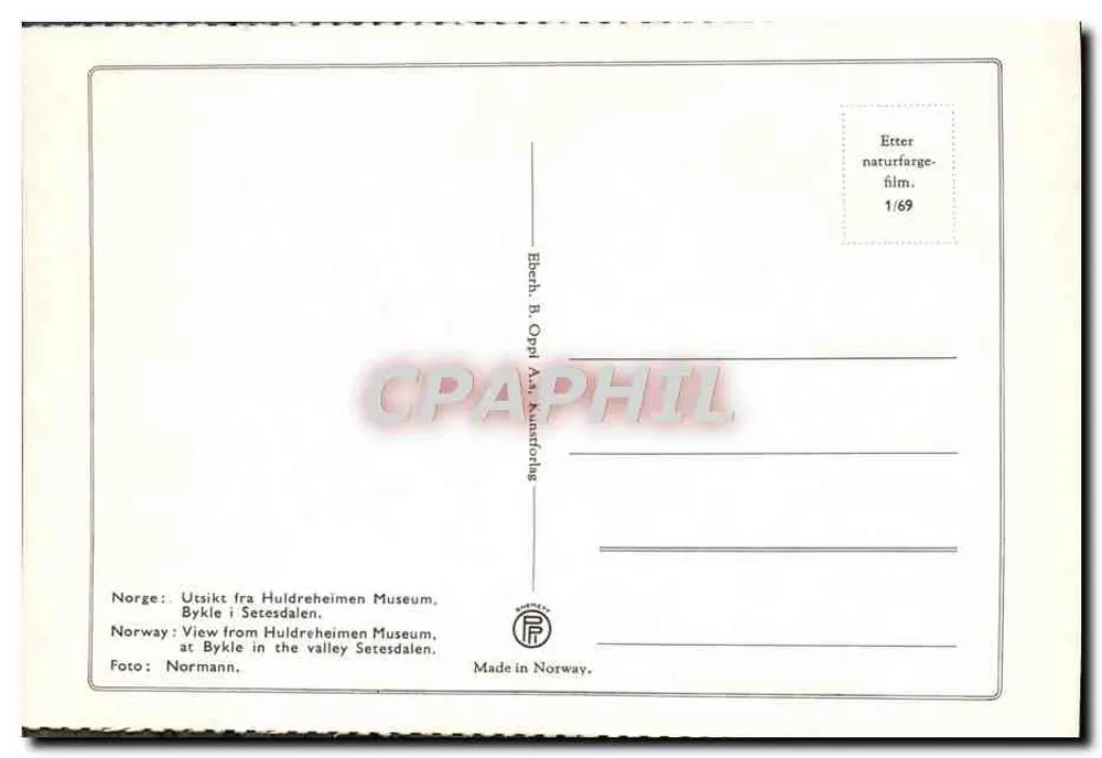 Ansicht des Setesdalen-Tals — Huldreheimen-Museum, Bykle — Verlag Eberth B. Oppi A/S, Nr. 1/69 - Rückseite