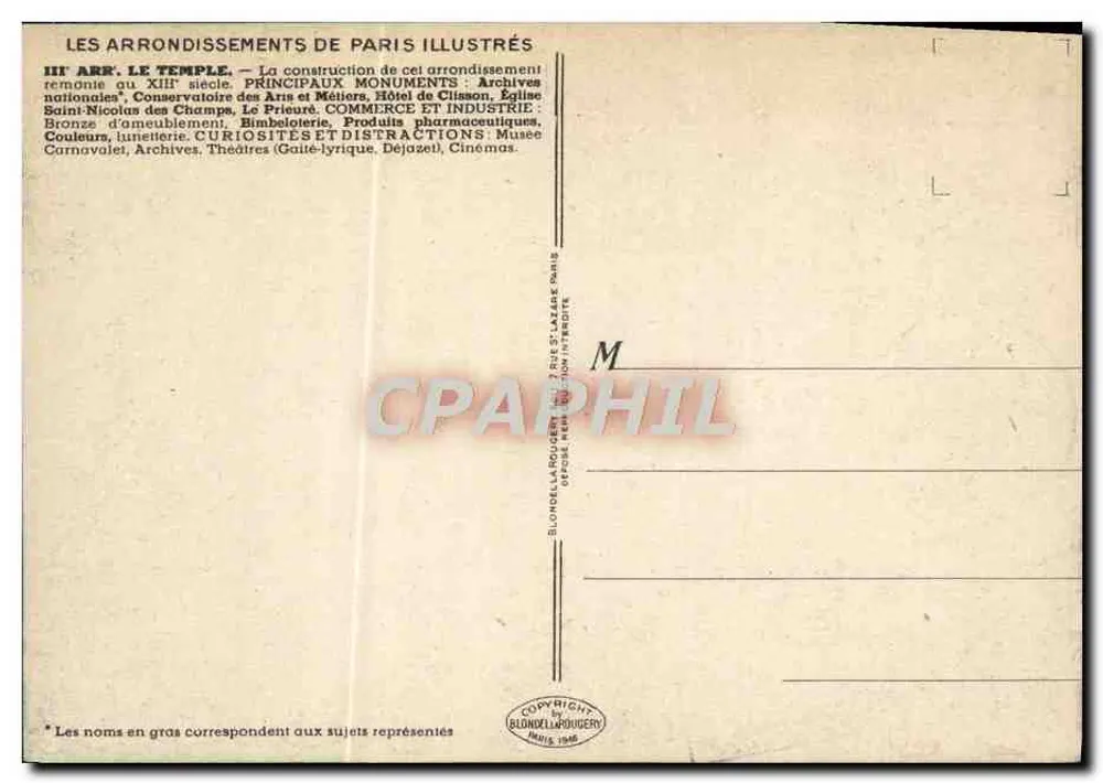 Paris 3º arrondissement — O Templo — Editor Blondell & Rougery, n° 2 - Verso