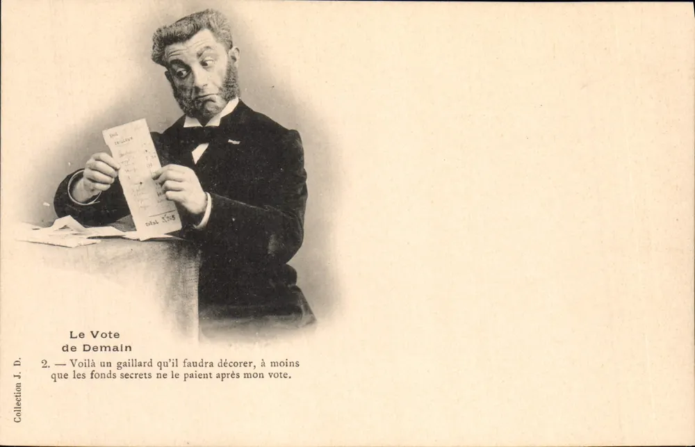 Die Stimme von Morgen — Karikatur eines Mannes, der ein Dokument liest — Sammlung J. D. - Vorderseite