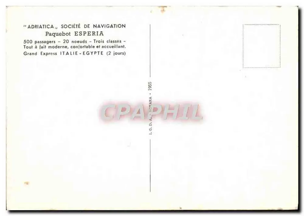 Dampfschiff Esperia — Adriatica, Gesellschaft für Schifffahrt — I.G.D.A. Novara 1955 - Rückseite