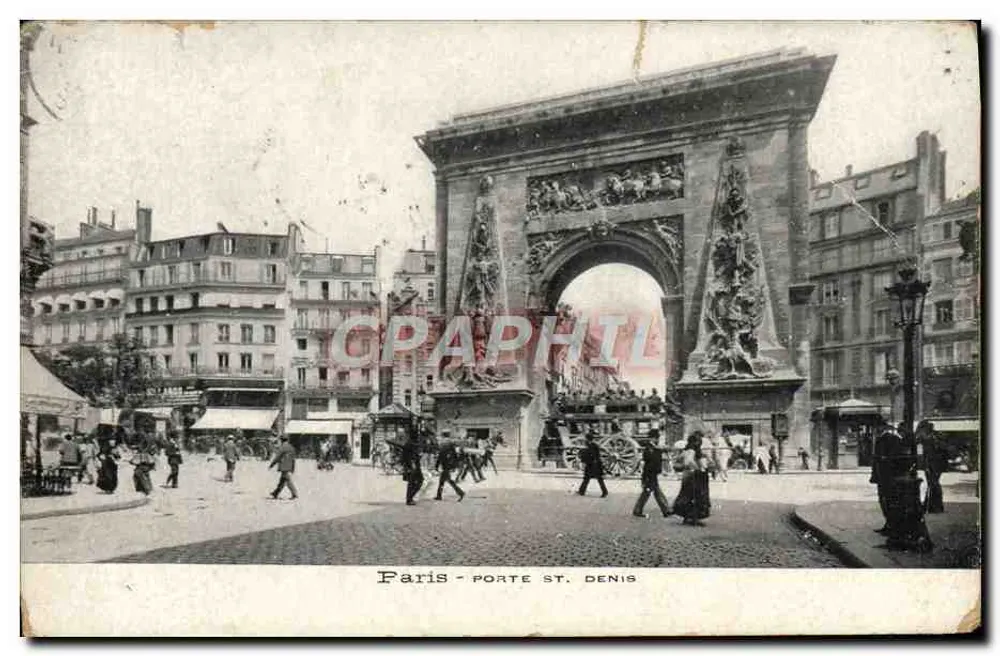 Paris - Porte Saint-Denis — arc monumental orné de sculptures, éditeur 'Paris - Porte St. Denis' (imprimé sur la carte) - Frente