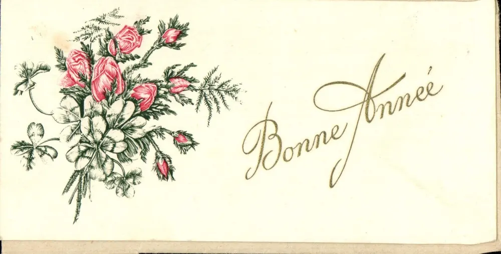 Bouquet de roses et trèfles — carte de vœux avec inscription manuscrite 'Bonne Année' — éditeur non visible - Voorkant