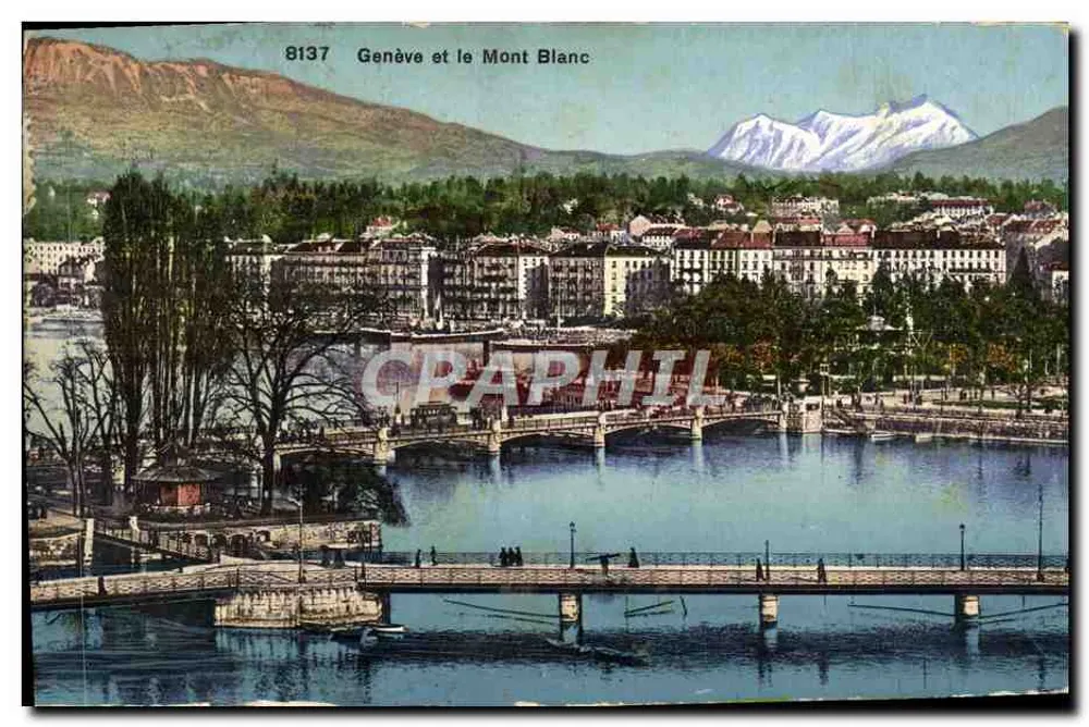 Genève et le Mont Blanc — vue de la ville et du lac avec le Mont Blanc en arrière-plan — éditeur Phototypie Co., Neuchâtel, n° 8137 - Frente