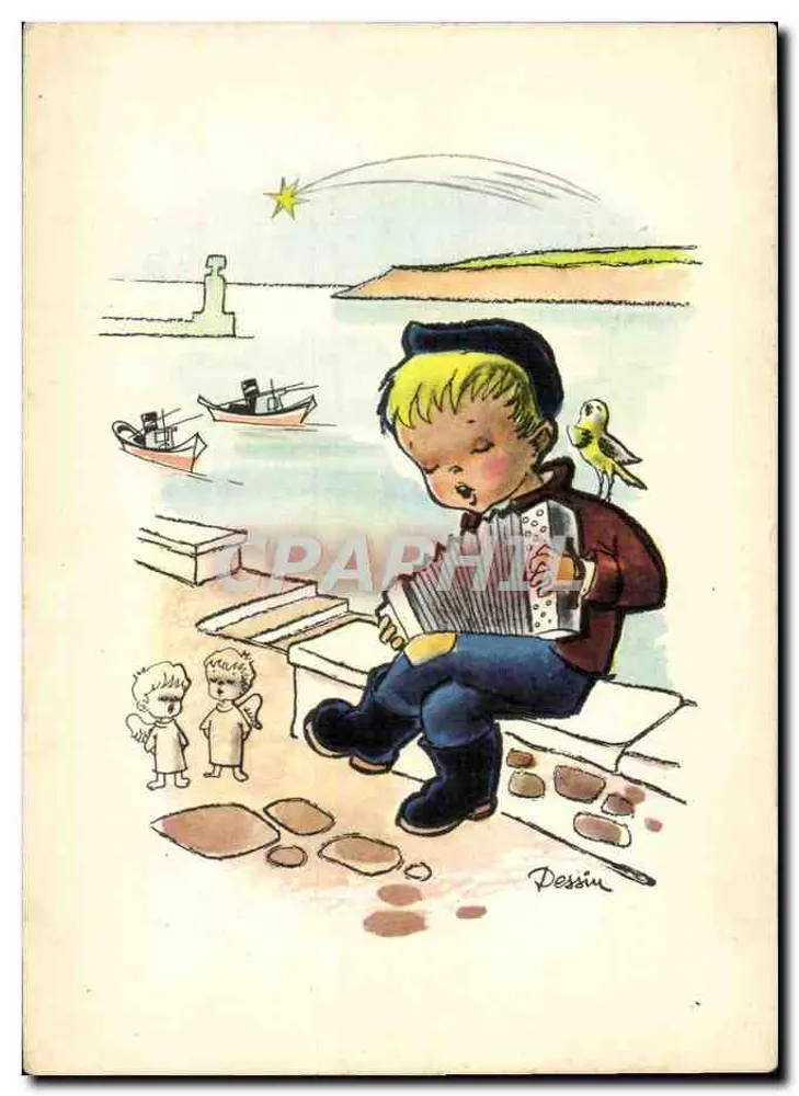 Enfant jouant de l'accordéon — scène de quai avec bateau et étoile — dessin de Dessim - Frente