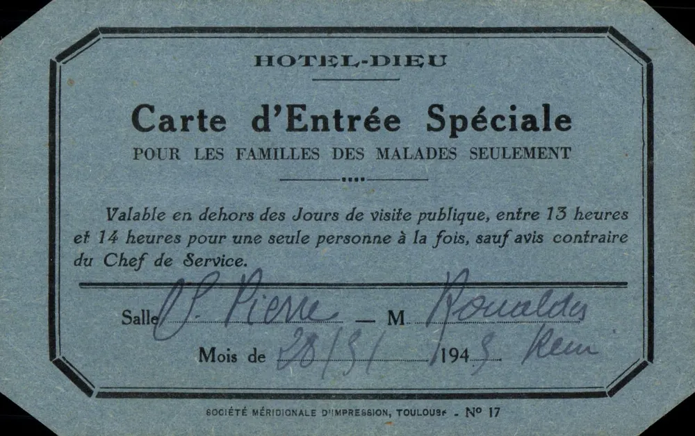 Hôtel-Dieu — Carte de Entrada Especial para as famílias dos doentes apenas — Sociedade Meridional de Impressão, Toulouse, N° 17 - Frente