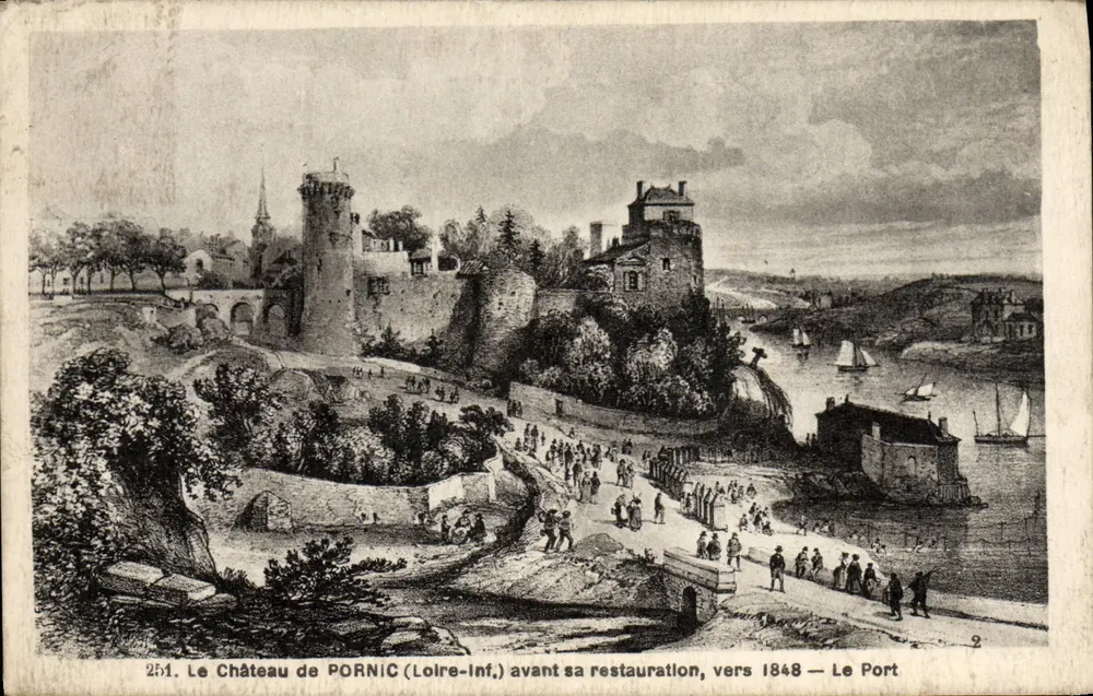 Schloss PORNIC (Loire-Inf.) vor der Restaurierung, um 1848 — Der Hafen - Vorderseite