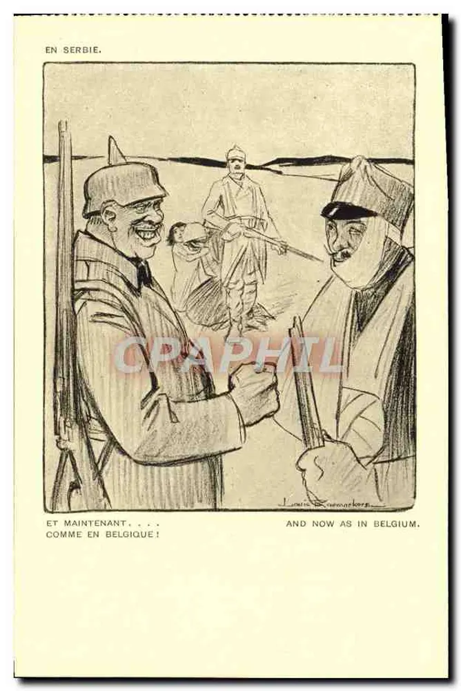 Kriegsszene in Serbien — Karikatur von Léon B. van der Kooi — zur Verkaufserlöse für Kriegswaisen veröffentlicht - Vorderseite