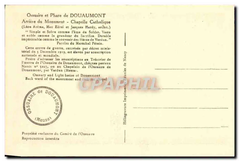 Ossuar und Leuchtturm von Douaumont — Hinterseite des Denkmals - Katholische Kapelle — Imprimerie Réunies de Nancy - Rückseite