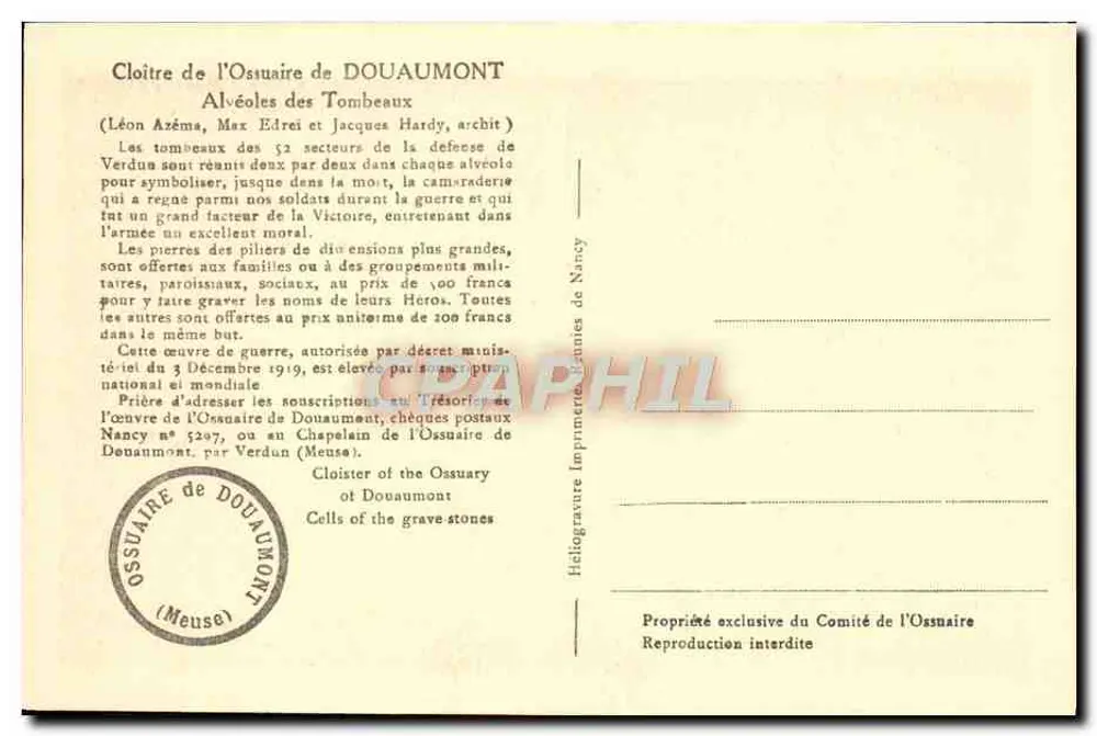 Cloître do Ossuário de Douaumont — Túmulos dos soldados — Editor: Imprensa de Nancy, n° 5297 - Verso