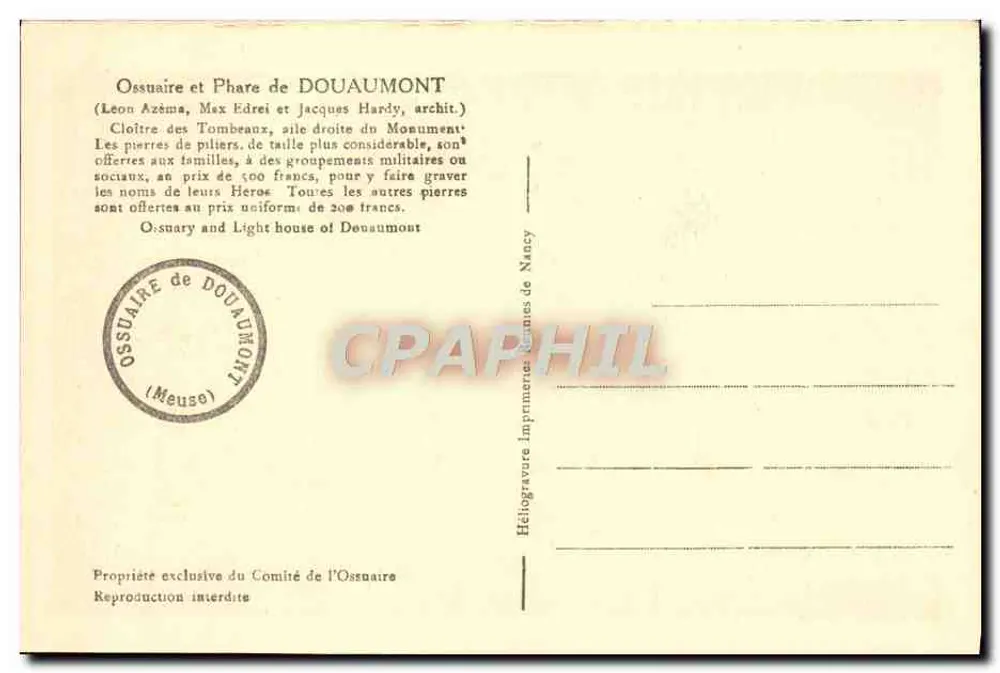 Ossuaire de Douaumont — Cloister der Grabsteine — Imprimerie de Nancy - Rückseite