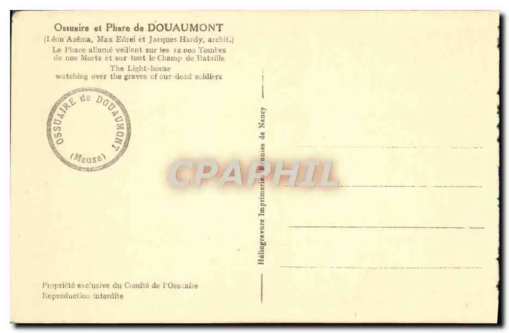 Ossuaire und Leuchtturm von Douaumont — Der Leuchtturm wacht über die 12.000 Gräber — Imprimerie Bonnies de Nancy - Rückseite