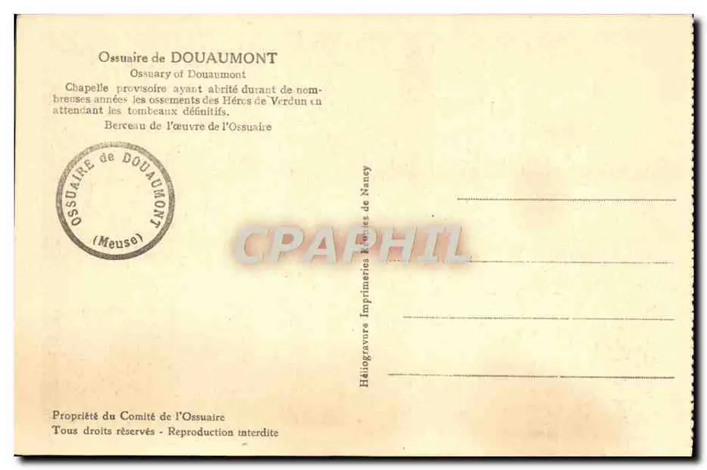Ossuaire de Douaumont — Vorübergehende Kapelle — Héliogravure Imprimeries de Nancy - Rückseite