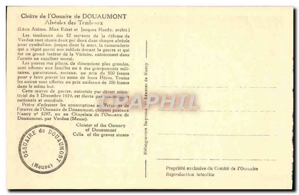 Kloster des Ossuaires von Douaumont — Ossuar der Gräber — unbekannter Verlag, Seriennummer nicht sichtbar - Rückseite