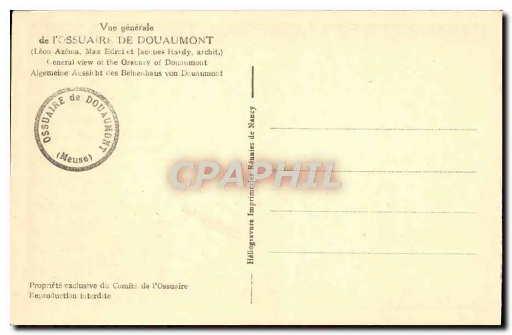 Ossuarium von Douaumont — Allgemeiner Blick — Heliogravur des Ossuarium-Komitees von Nancy - Rückseite