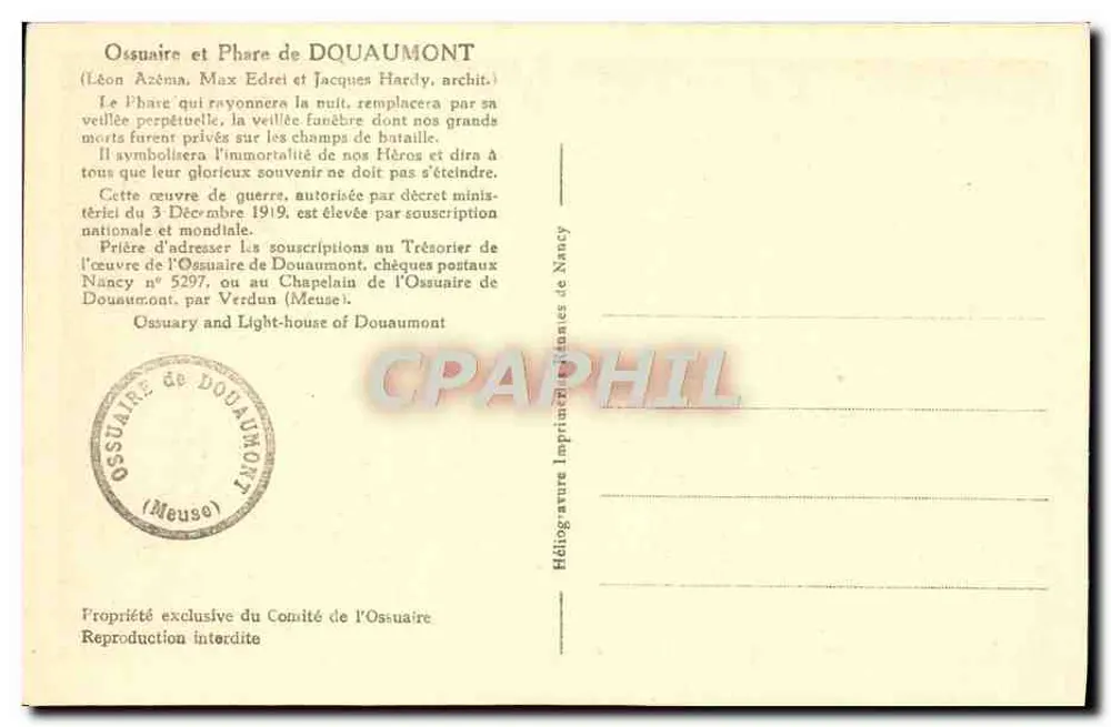 Ossuaire und Leuchtturm von DOUAUMONT — Werk von Léon Azéma, Max Edrei und Jacques Hardy — Druckerei Nancy - Rückseite