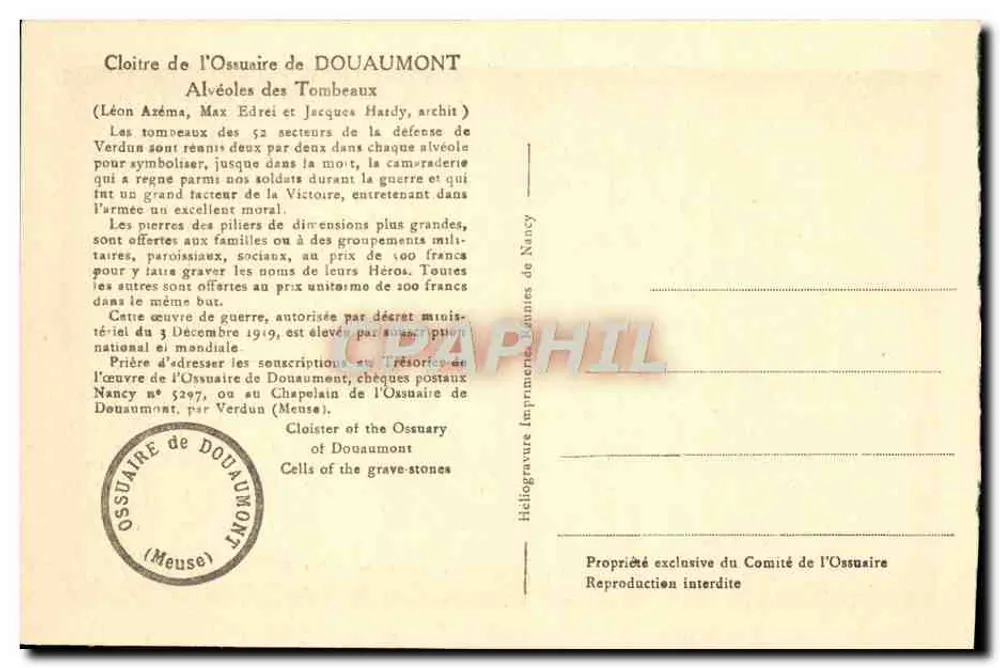 Cloître de l'Ossuaire de Douaumont — Cloître des Tombeaux — Imprimerie d'Alvèoles - Rückseite