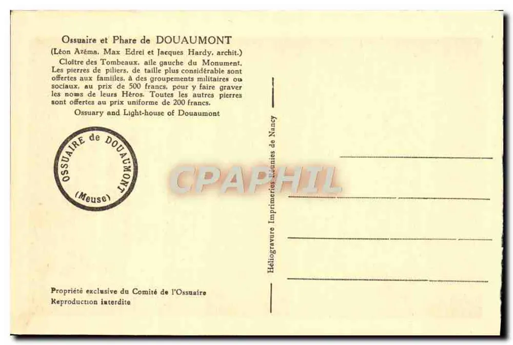 Ossuarium und Leuchtturm von Douaumont — Cloister der Toten — Imprimerie de Nancy - Rückseite