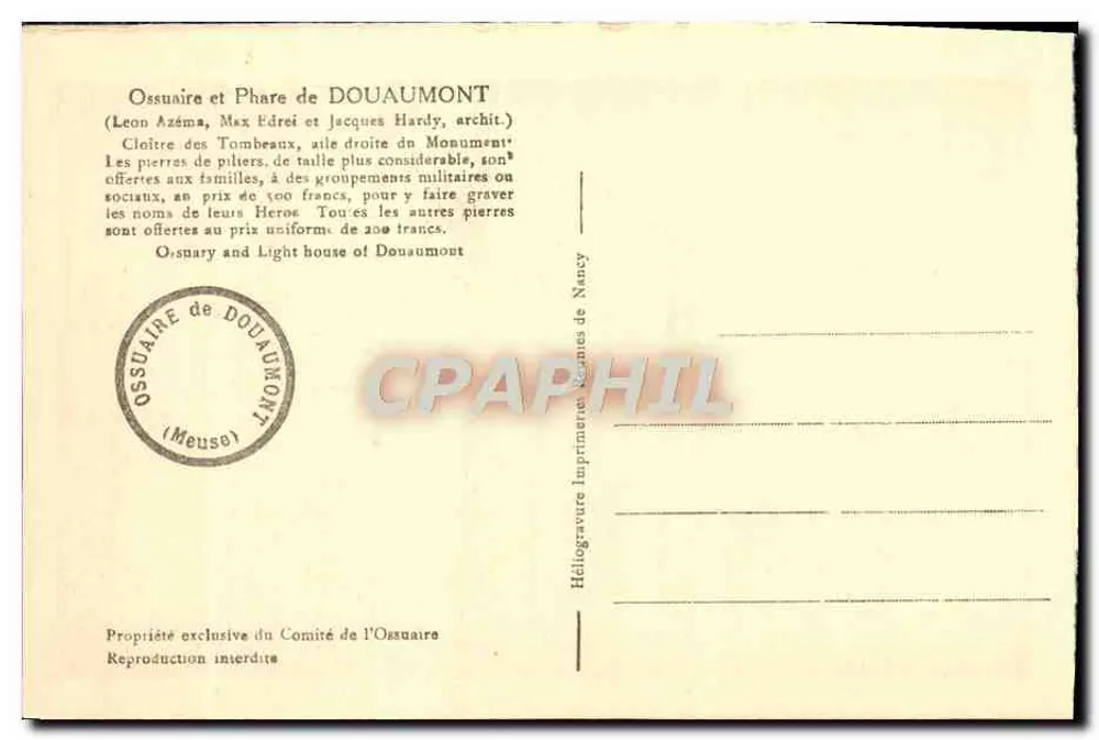 Ossuar und Leuchtturm von Douaumont — Cloître der Grabsteine, rechte Flügel des Denkmals — Heliogravur, Druckerei Nancy - Rückseite