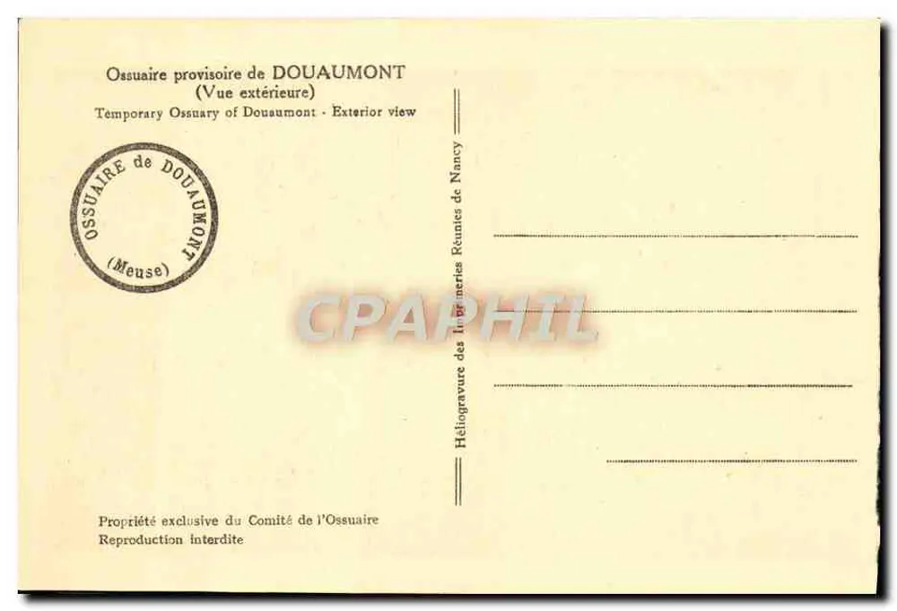 Ossario de Douaumont — Capilla provisional — Litografía del Comité del Ossario - Reverso