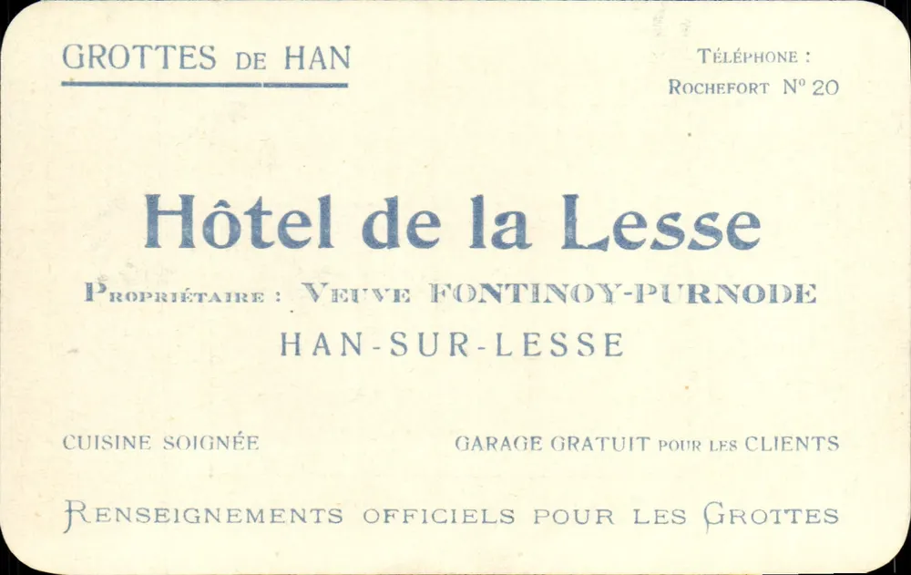 Grottes de Han — Hôtel de la Lesse — Veuve Fontinoy-Purnode - Recto